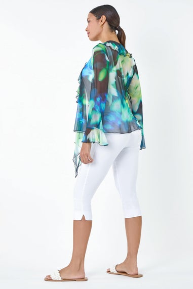 Roman Green Tie Frill Detail V Neck Stretch Mesh Top