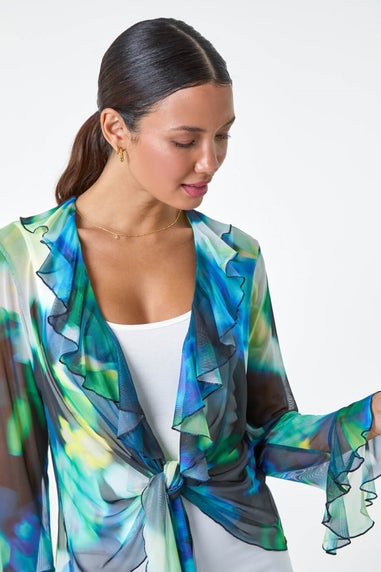 Roman Green Tie Frill Detail V Neck Stretch Mesh Top