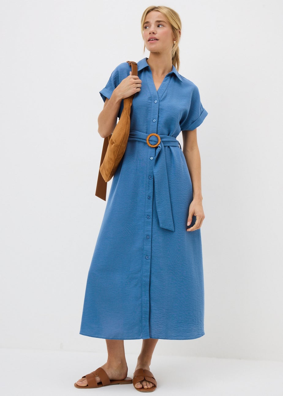 Blue Buckle Midi Shirt Dress