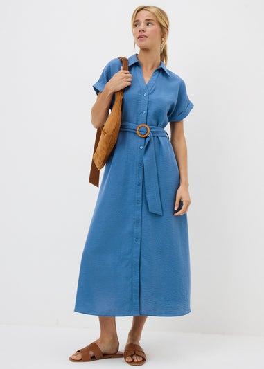 Blue Buckle Midi Shirt Dress