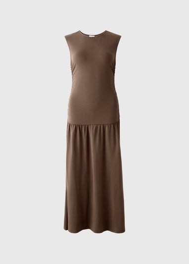 Brown Ruched Sleeveless Midaxi Dress