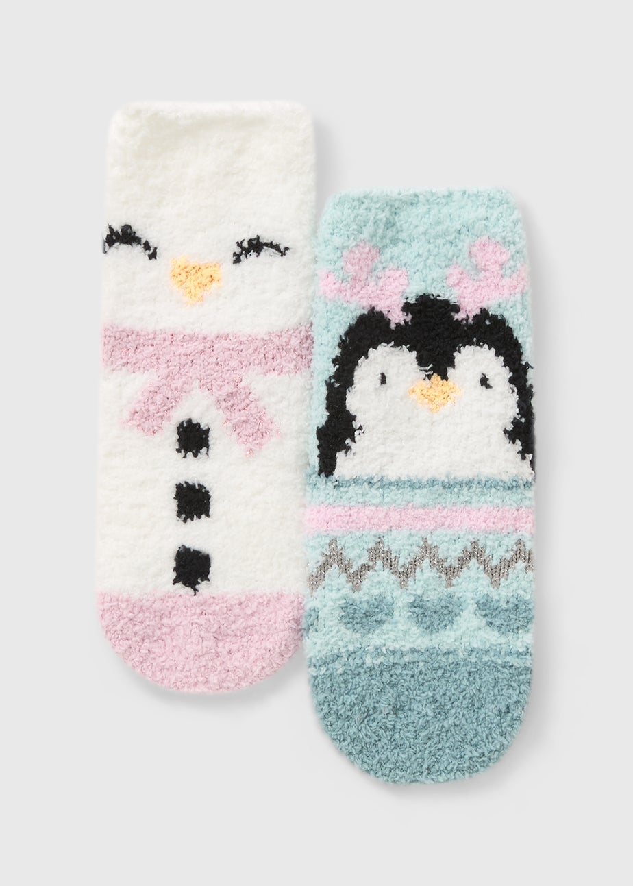 2 Pack Girls Pink Penguin Fluffy Socks (Younger 6-Older 6.5)