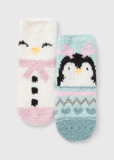 2 Pack Girls Pink Penguin Fluffy Socks (Younger 6-Older 6.5)