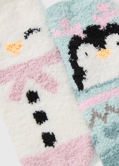 2 Pack Girls Pink Penguin Fluffy Socks (Younger 6-Older 6.5)