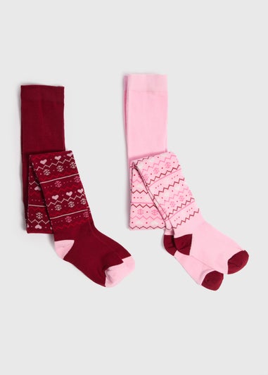2 Pack Girls Pink Fairisle Christmas Tights (2-11yrs)
