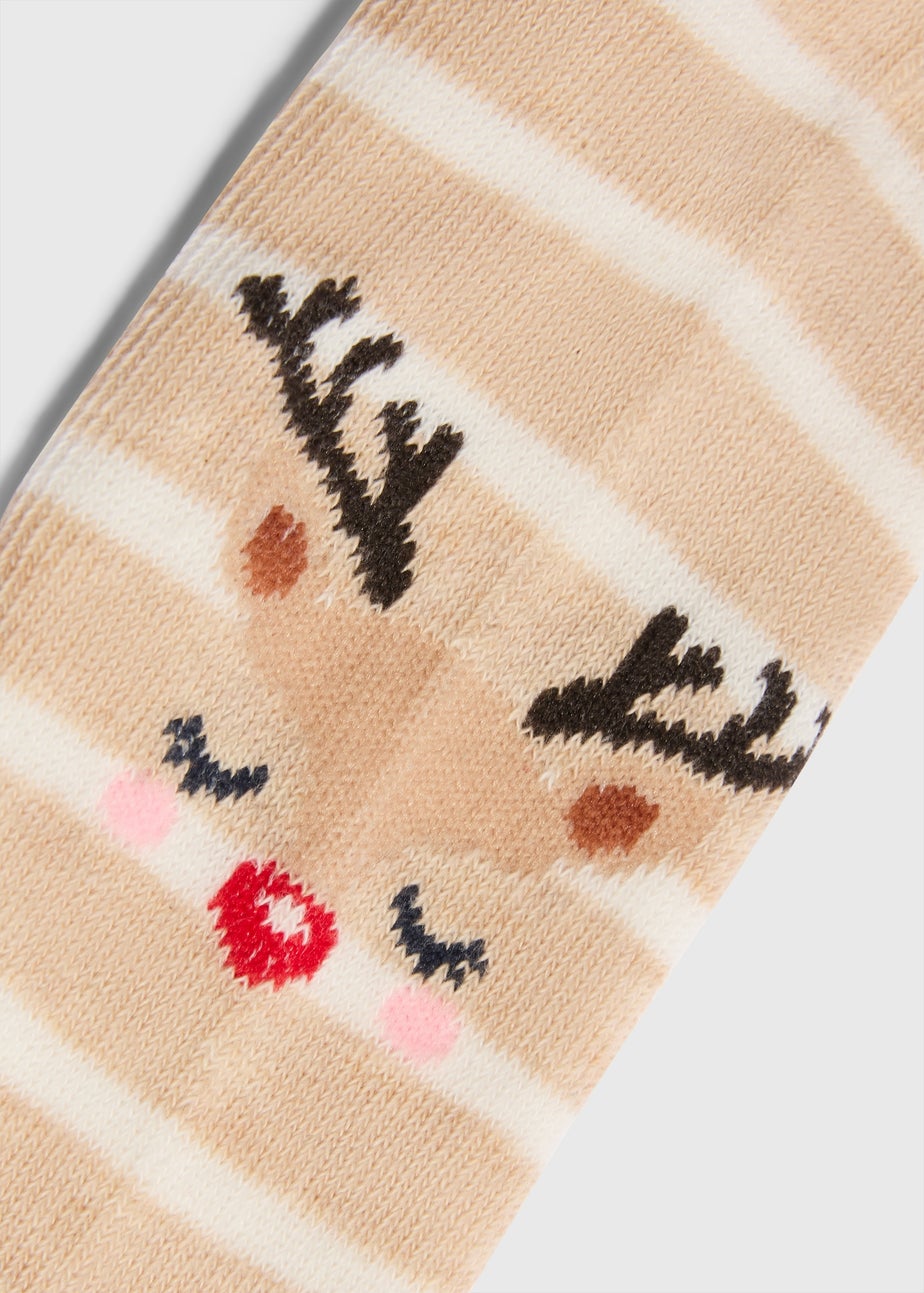 Girls Beige Reindeer Tights (2-11yrs)