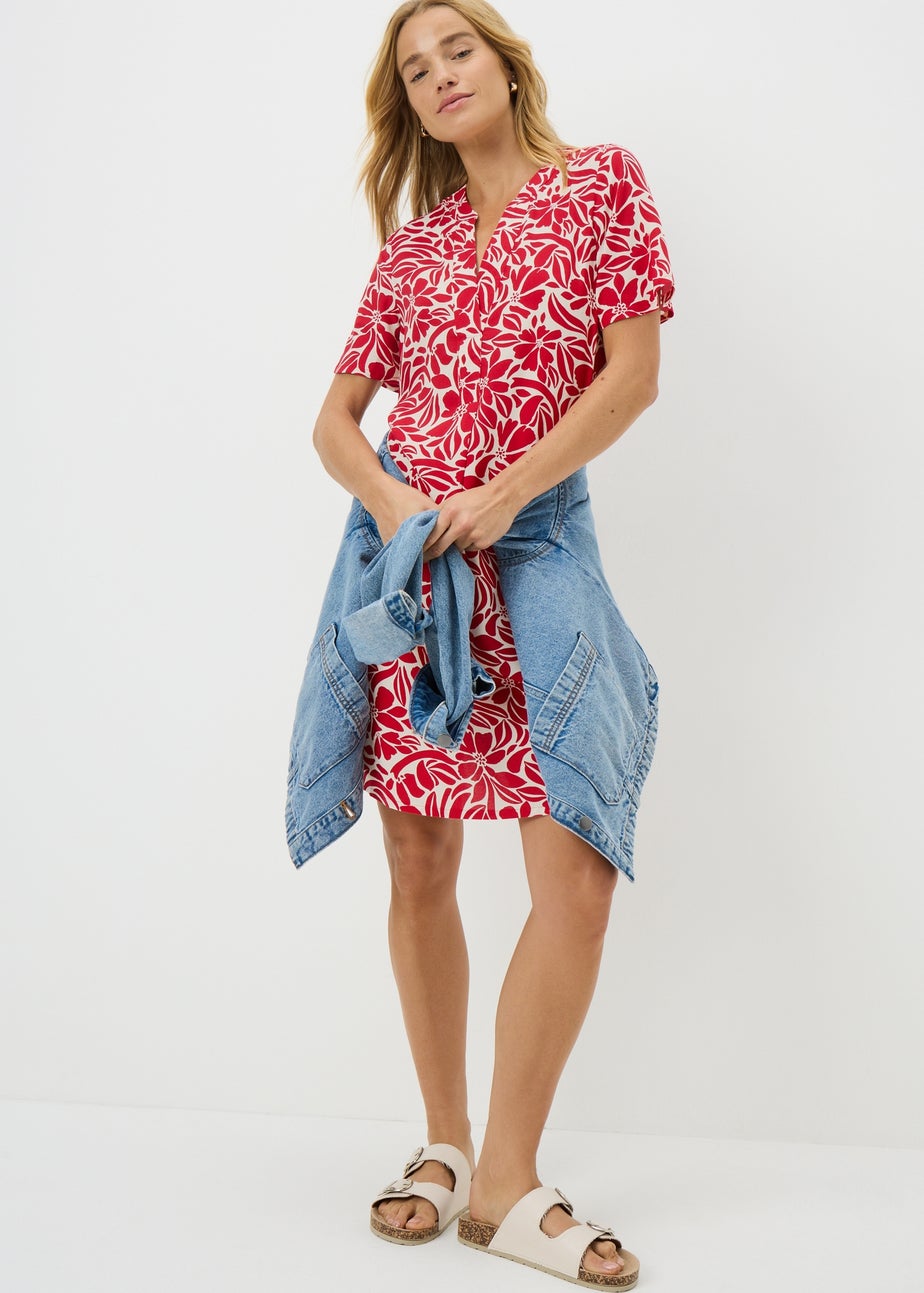 Red Popover Floral Tunic Dress