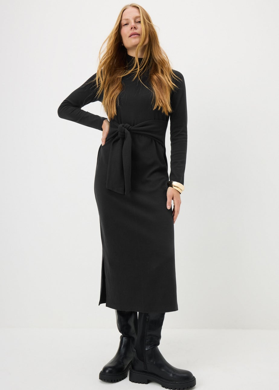 Black Jersey Tie Midi Dress