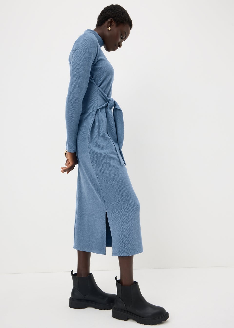 Blue Jersey Tie Midi Dress