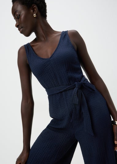 Navy Textured Crinkle Jumpsuit