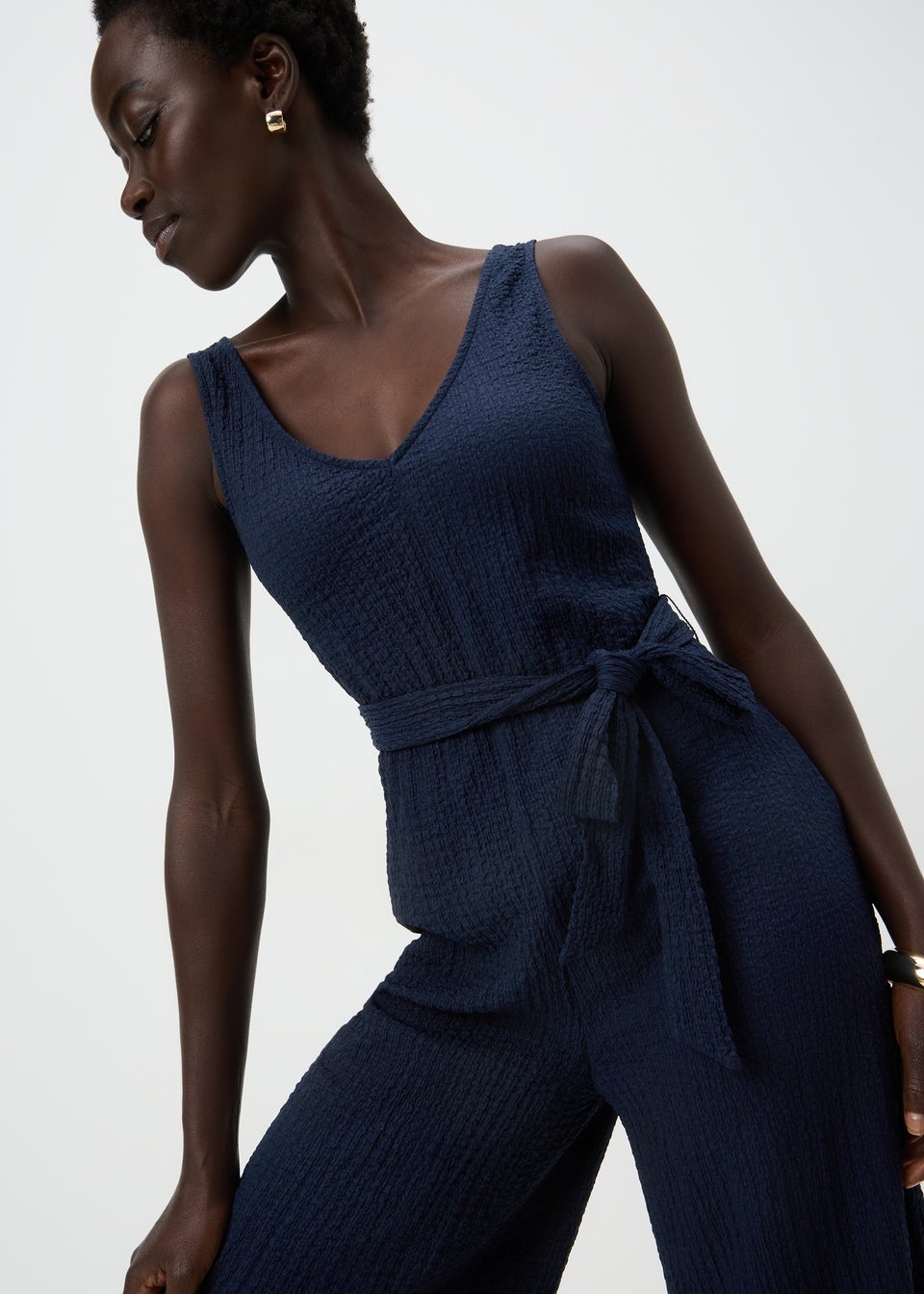 Navy Textured Crinkle Jumpsuit