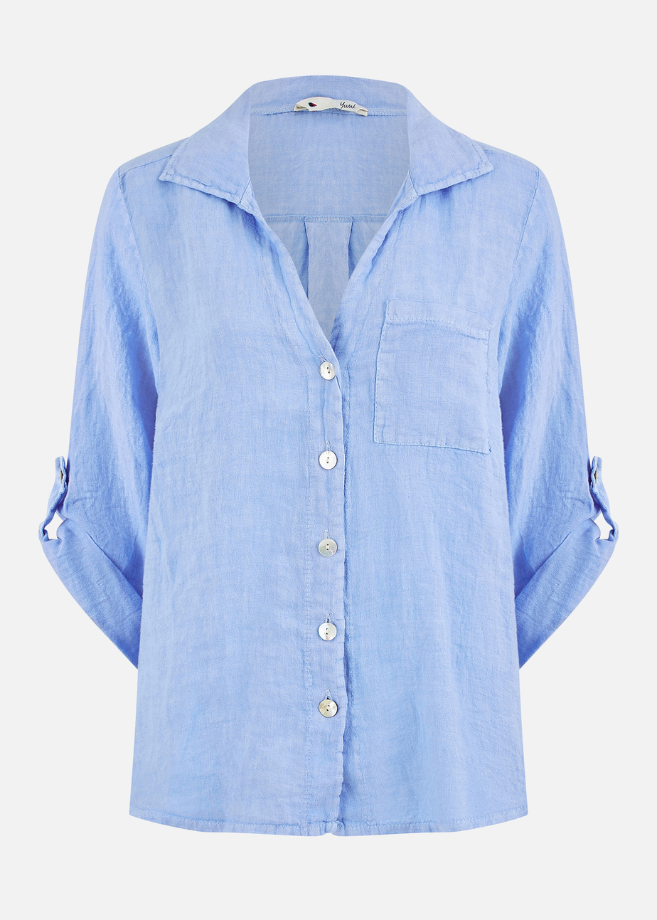 Yumi Blue Washed Linen Relaxed Shirt
