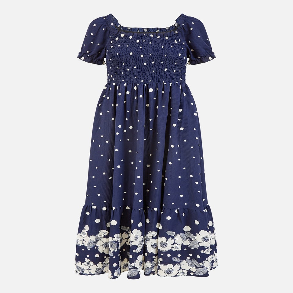Yumi Navy Spot & Floral Print Border Ruched Midi Dress
