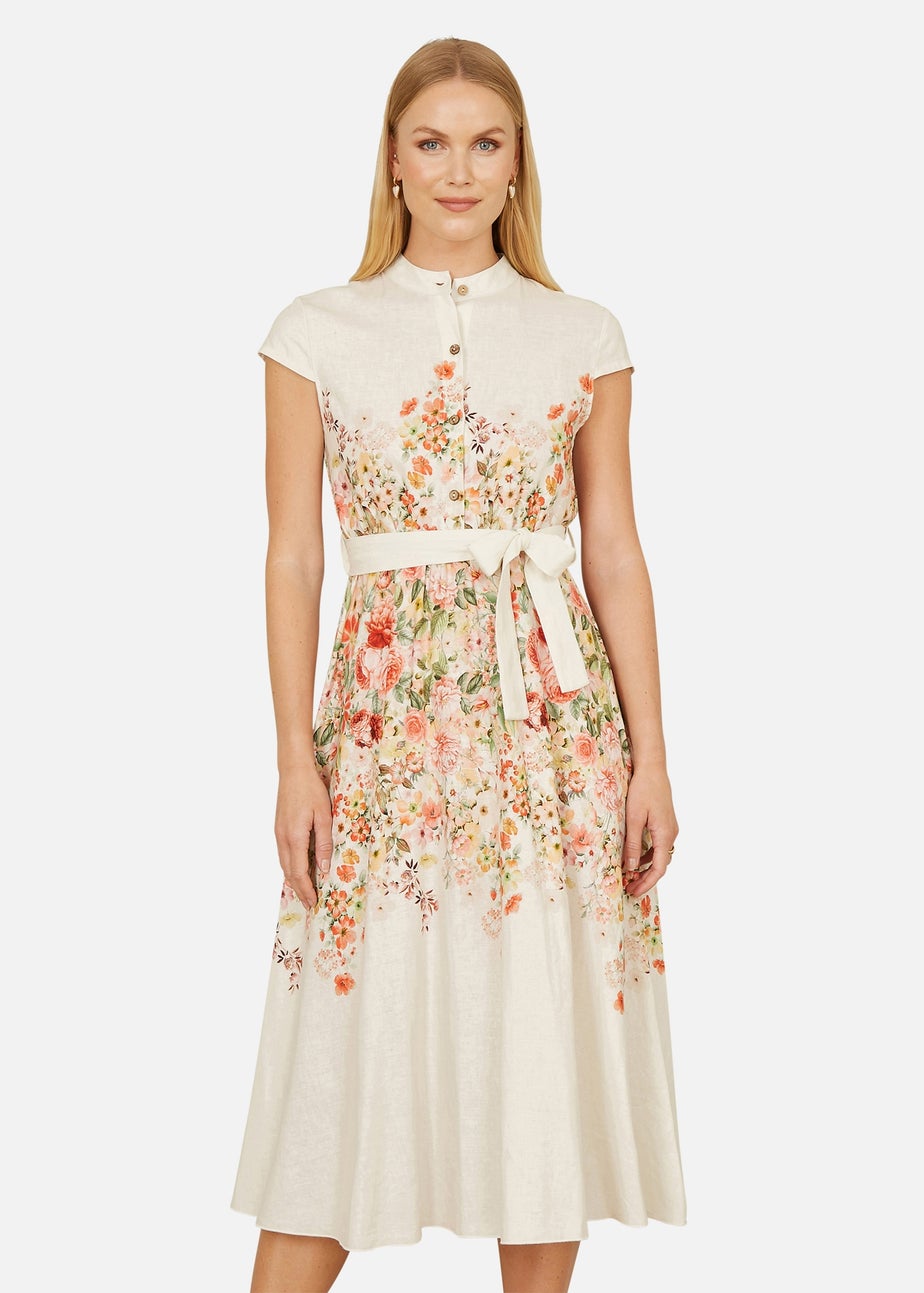 Yumi White Linen Floral Mirrored Placement Skater Dress