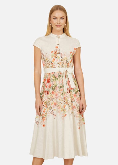 Yumi White Linen Floral Mirrored Placement Skater Dress