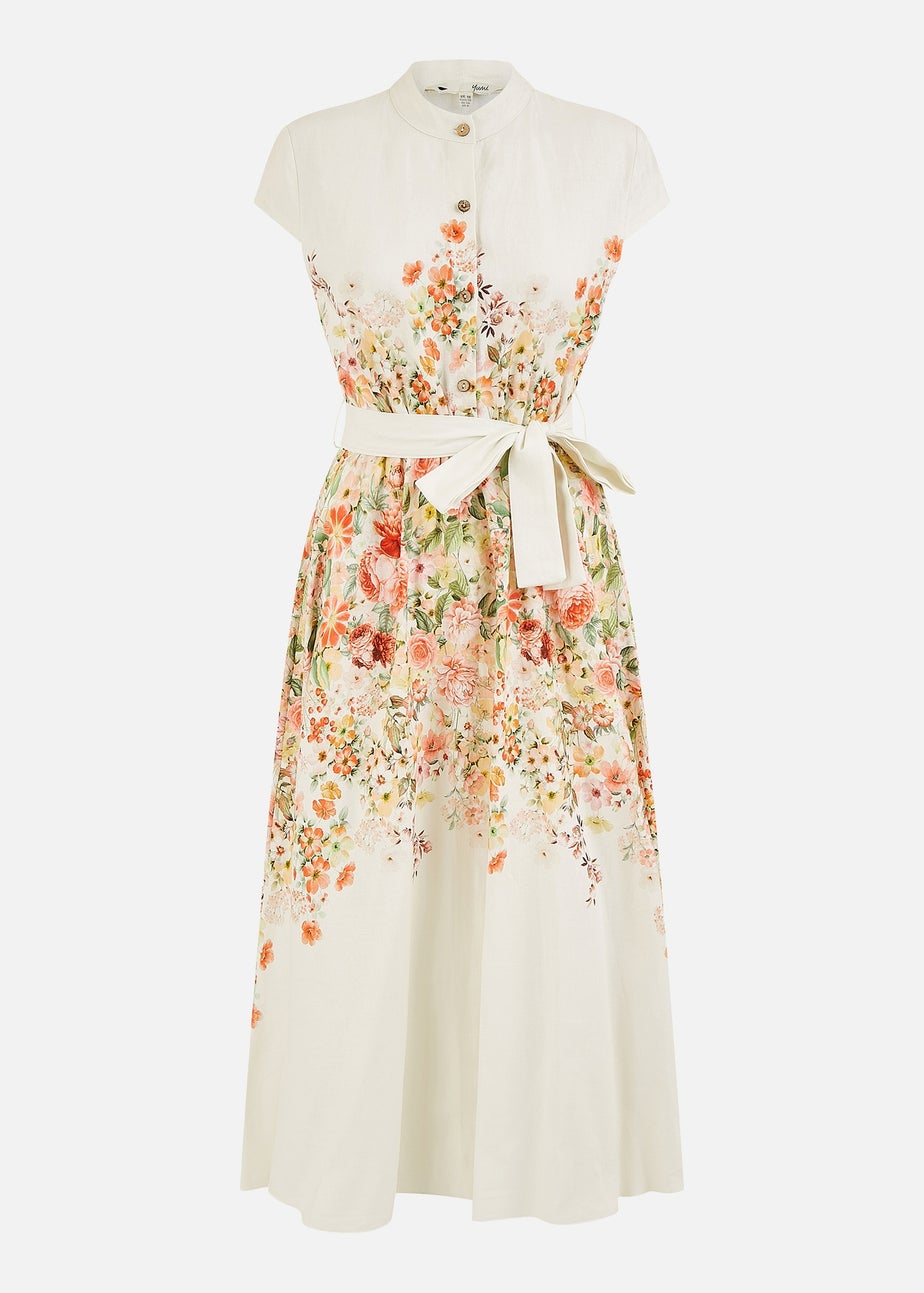 Yumi White Linen Floral Mirrored Placement Skater Dress