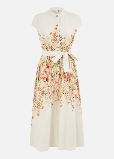 Yumi White Linen Floral Mirrored Placement Skater Dress