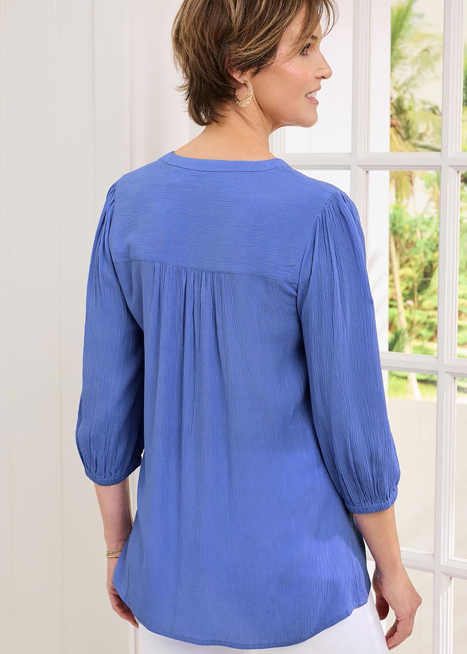 Cotton Traders Midnight Blue 3/4 Sleeve V Neck Crinkle Top