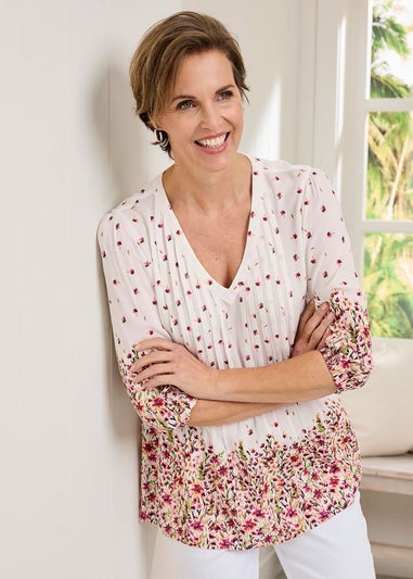 Cotton Traders Warm Cream 3/4 Sleeve V Neck Printed Crinkle Top