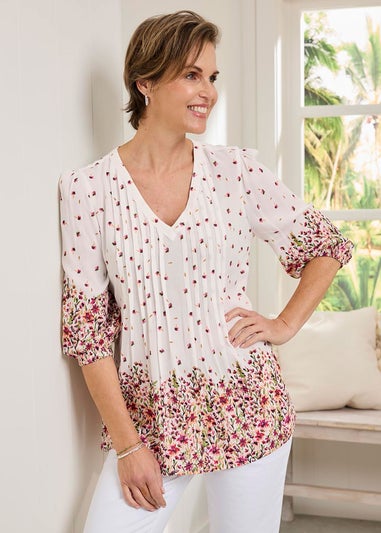 Cotton Traders Warm Cream 3/4 Sleeve V Neck Printed Crinkle Top