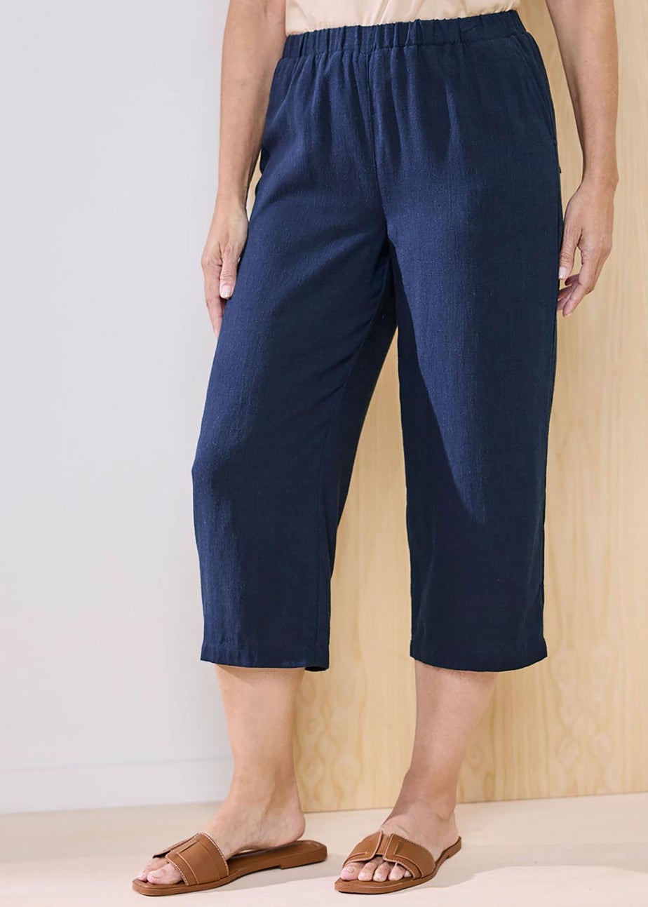 Cotton Traders Dark Blue Viscose Linen Blend Crop Trousers