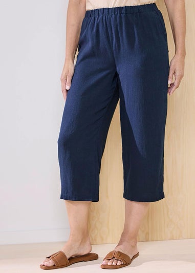 Cotton Traders Dark Blue Viscose Linen Blend Crop Trousers