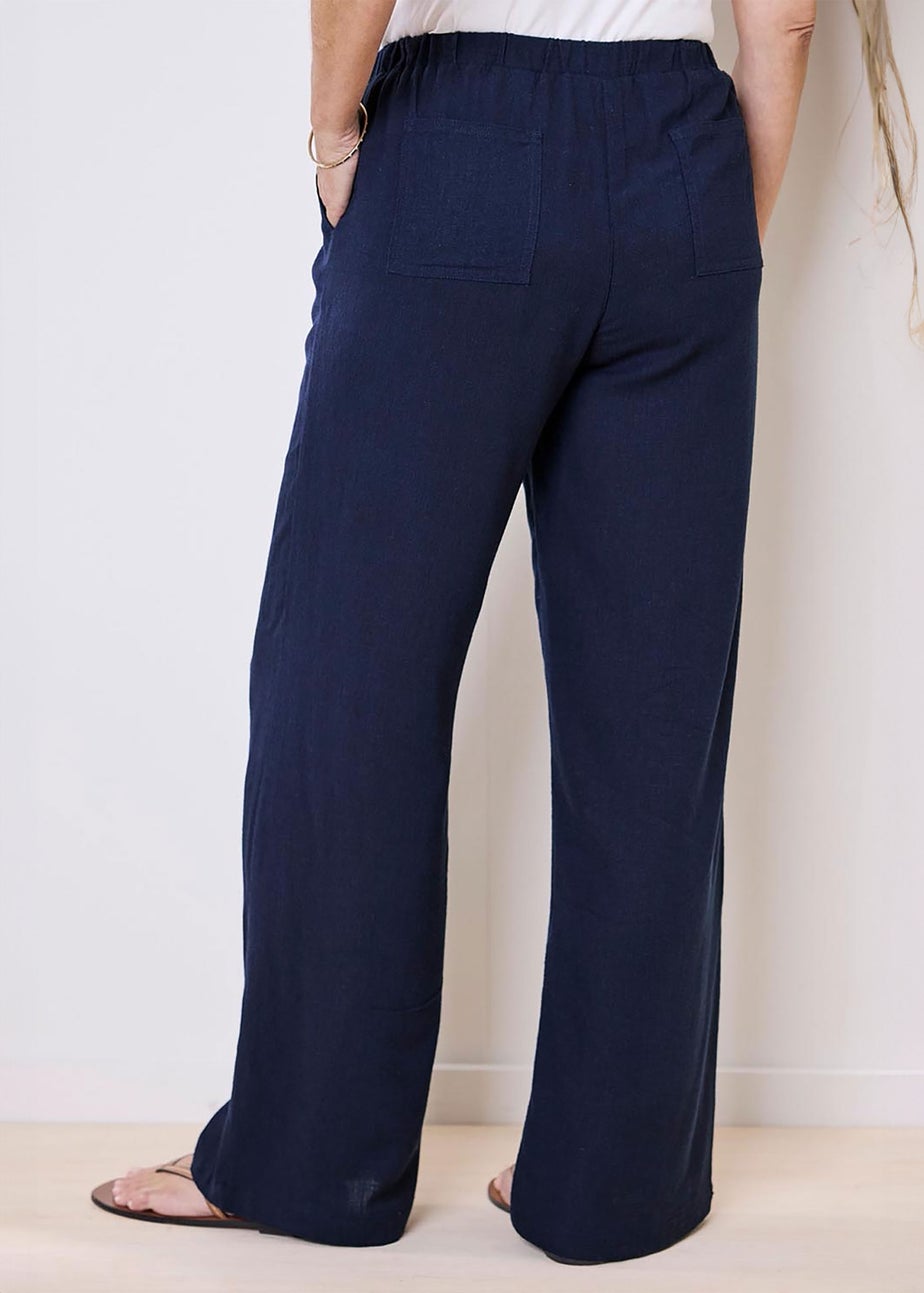 Cotton Traders Dark Blue Viscose Linen Blend Crop Trousers