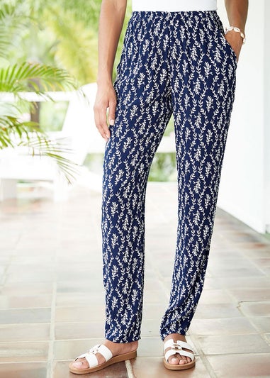 Cotton Traders Dark Blue Printed Crinkle Tapered Leg Trousers