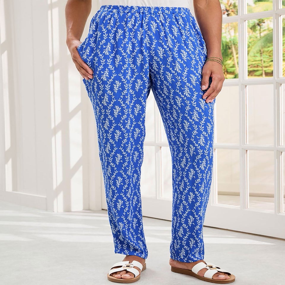 Cotton Traders Indigo Printed Crinkle Tapered Leg Trousers