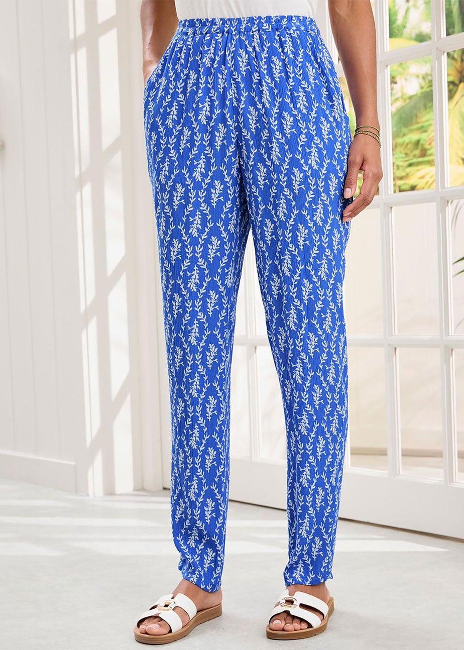 Cotton Traders Indigo Printed Crinkle Tapered Leg Trousers