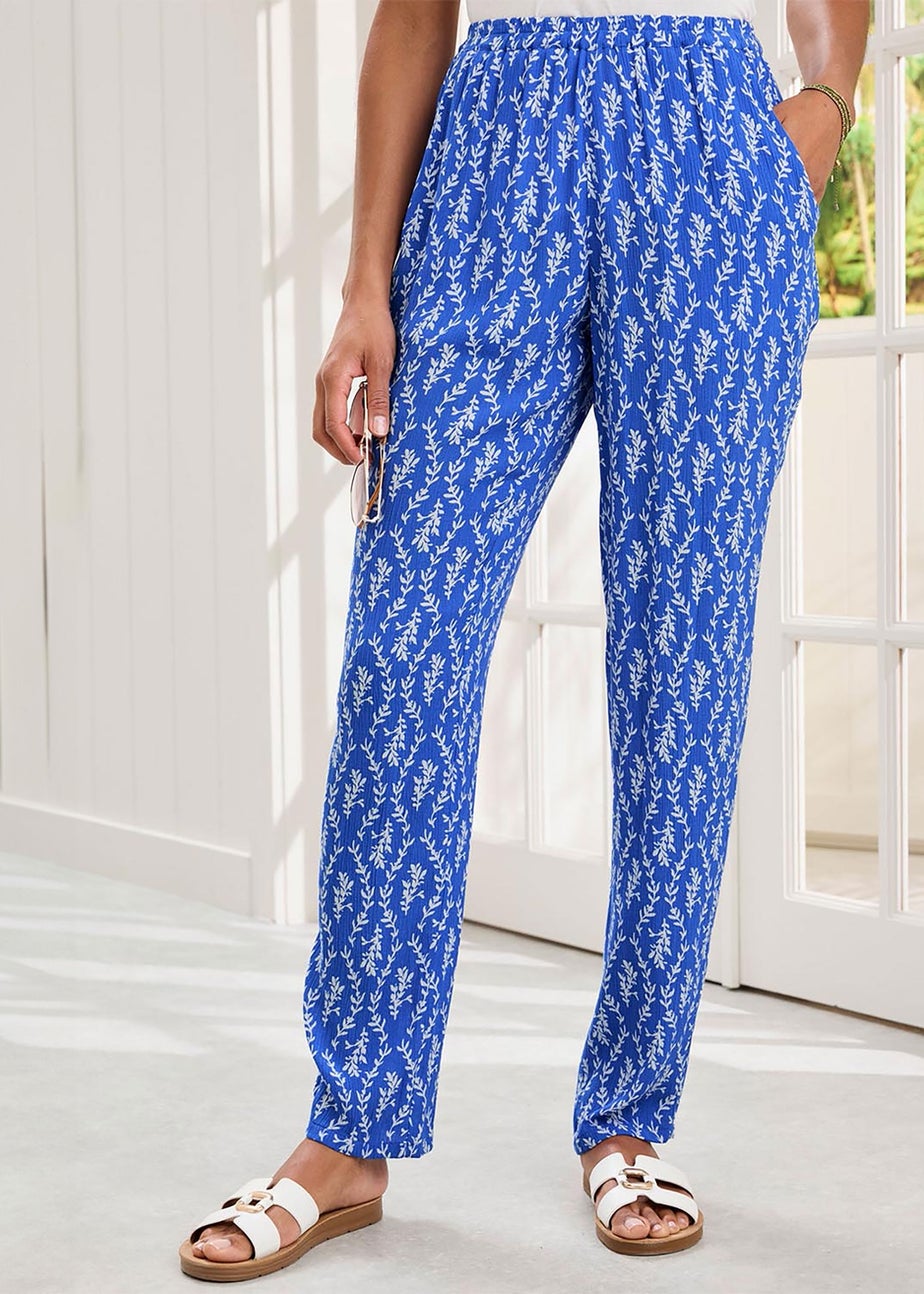 Cotton Traders Indigo Printed Crinkle Tapered Leg Trousers