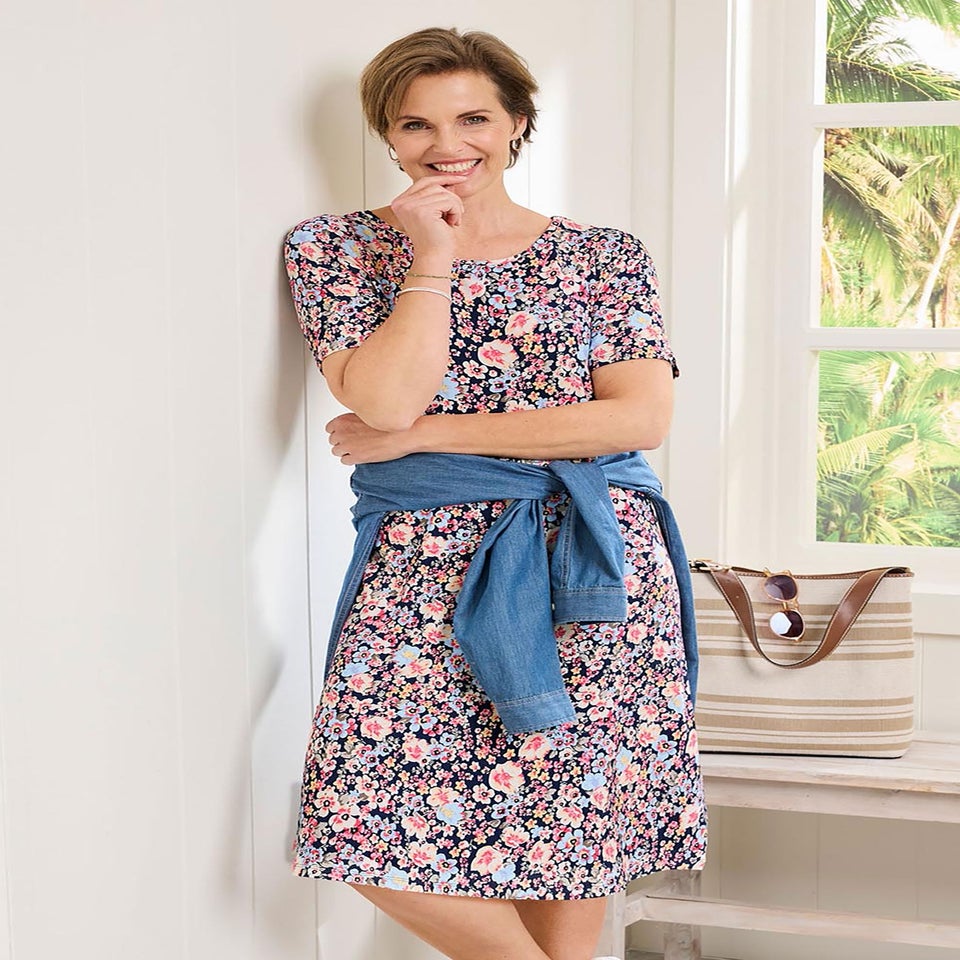 Cotton Traders Dark Blue Short Printed Jersey Dress