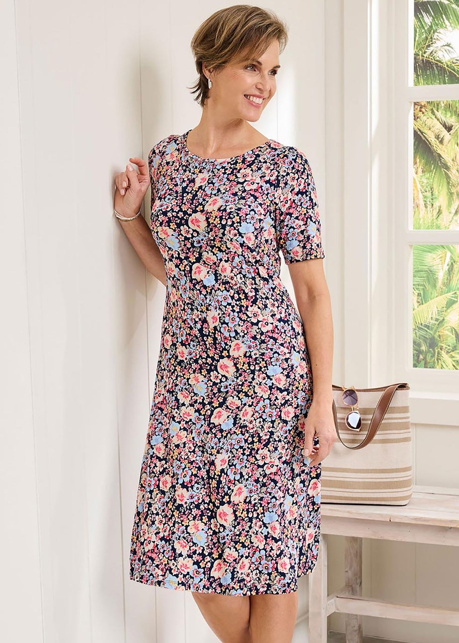 Cotton Traders Dark Blue Short Printed Jersey Dress