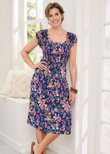 Cotton Traders Pale Blue Floral Crinkle Midi Dress