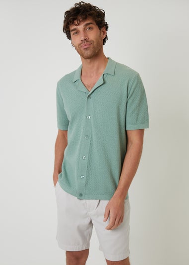 Threadbare Soft Green Textured Revere Collar Knitted Shirt