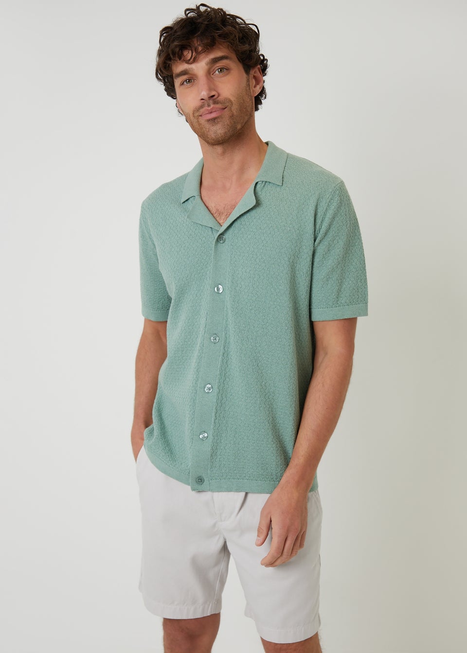 Threadbare Soft Green Textured Revere Collar Knitted Shirt