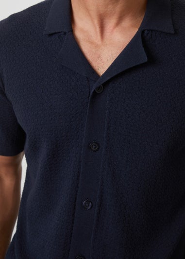 Threadbare Navy Textured Revere Collar Knitted Shirt