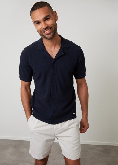 Threadbare Navy Textured Revere Collar Knitted Shirt
