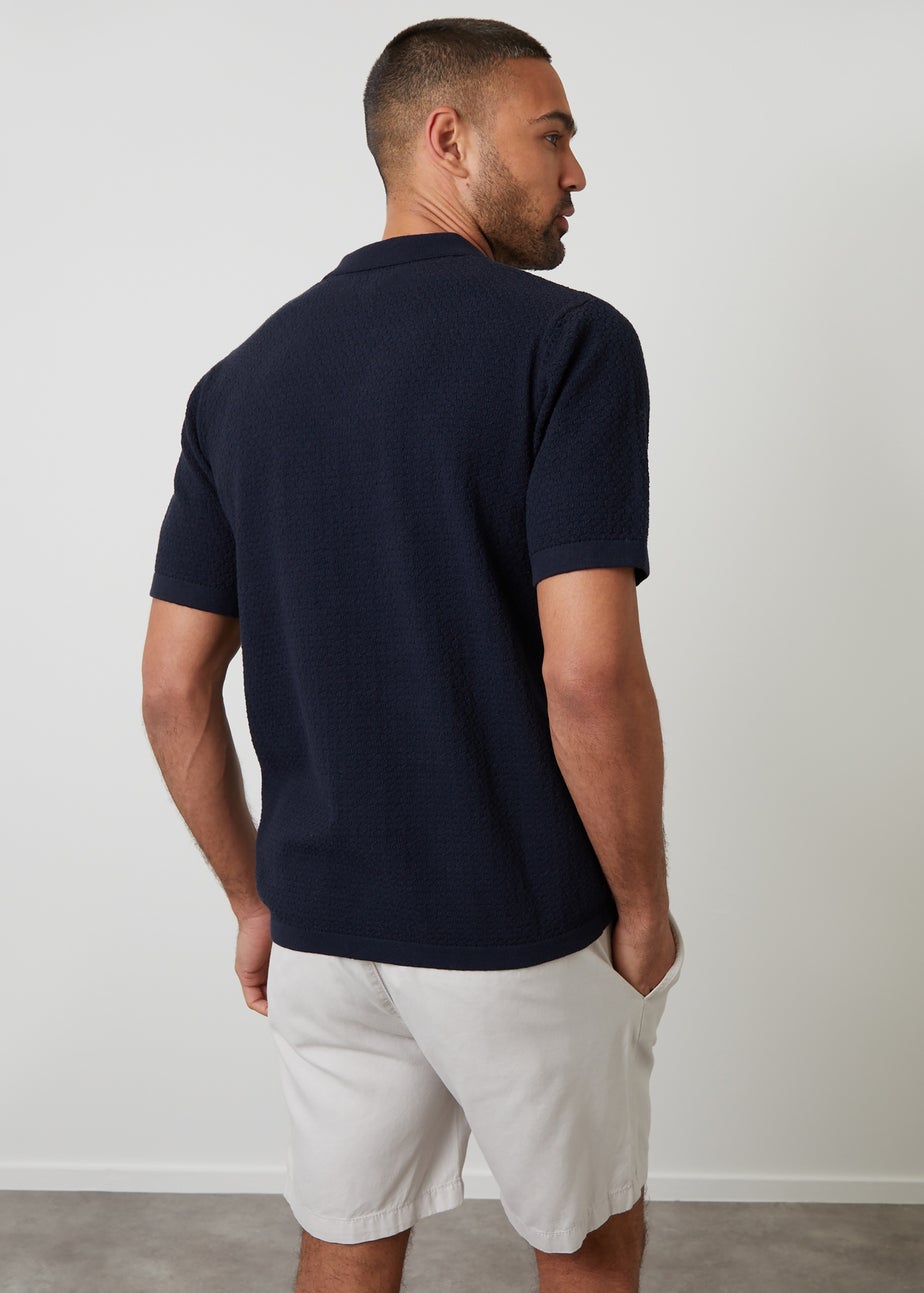 Threadbare Navy Textured Revere Collar Knitted Shirt