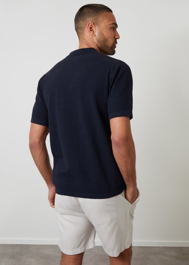Threadbare Navy Textured Revere Collar Knitted Shirt