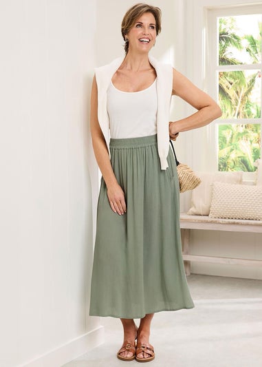 Cotton Traders Grey Green Pull On Crinkle Maxi Skirt