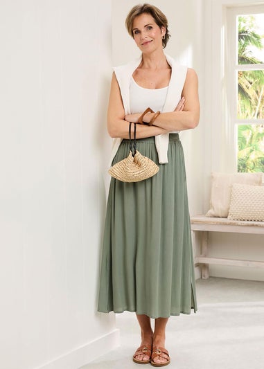 Cotton Traders Grey Green Pull On Crinkle Maxi Skirt