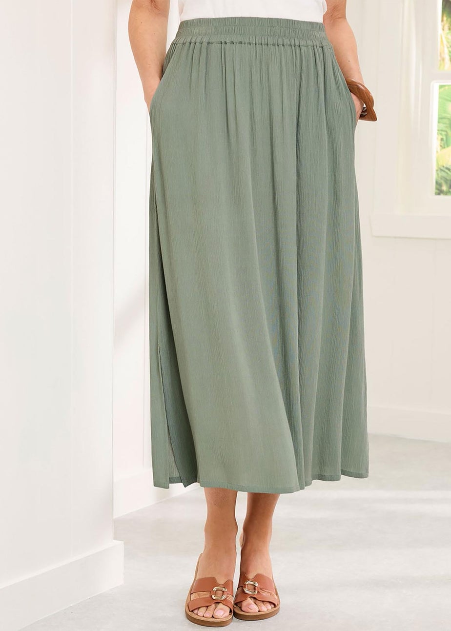 Cotton Traders Grey Green Pull On Crinkle Maxi Skirt