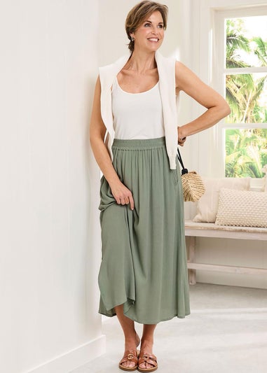 Cotton Traders Grey Green Pull On Crinkle Maxi Skirt