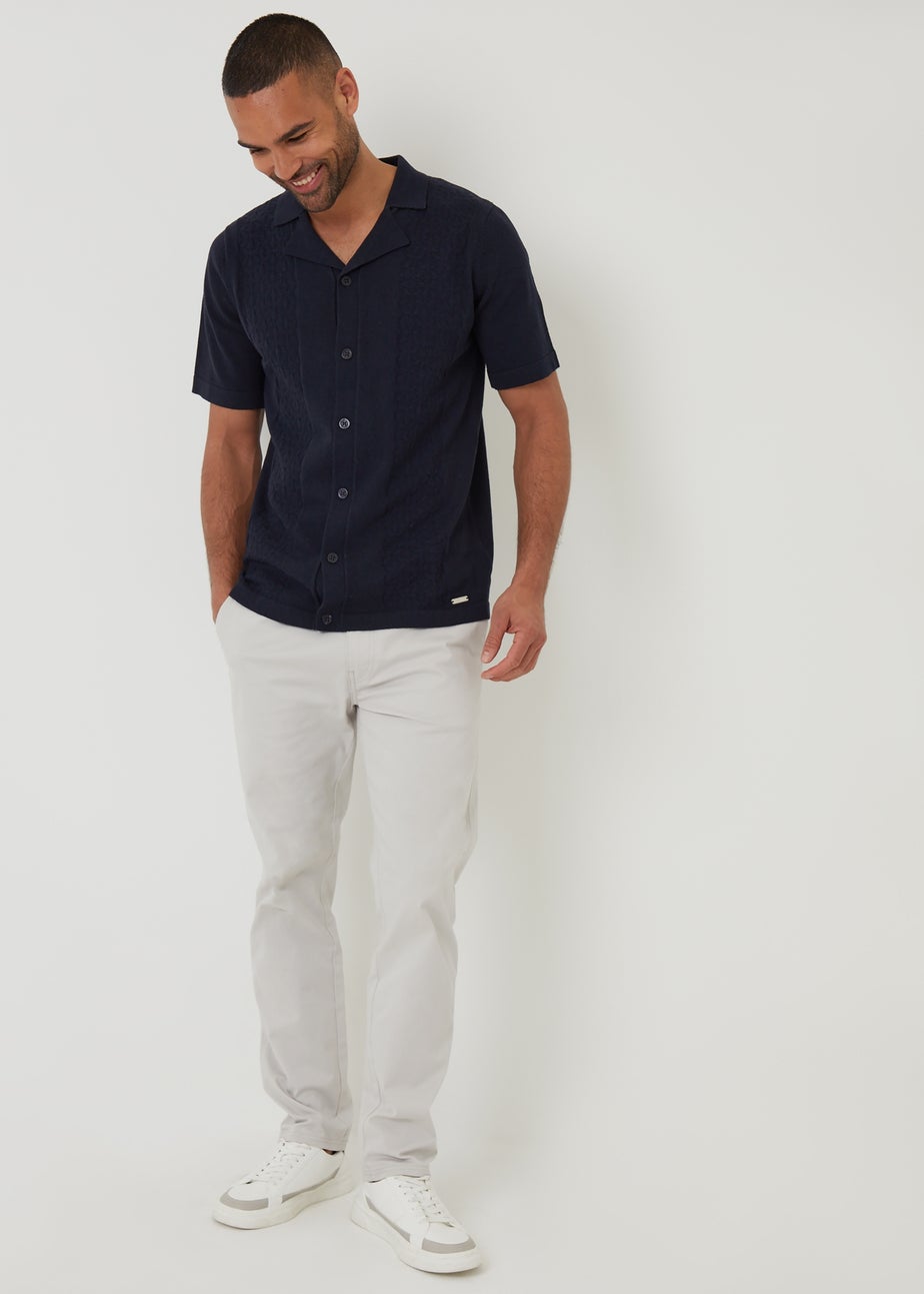 Threadbare Navy Textured Panel Revere Collar Knitted Shirt