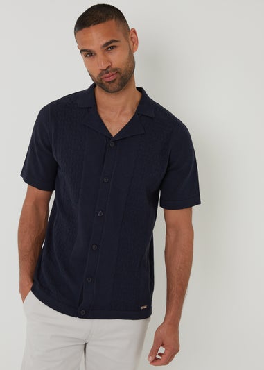 Threadbare Navy Textured Panel Revere Collar Knitted Shirt