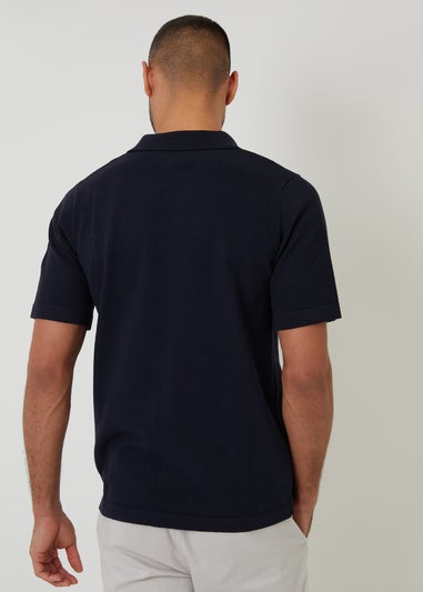 Threadbare Navy Textured Panel Revere Collar Knitted Shirt