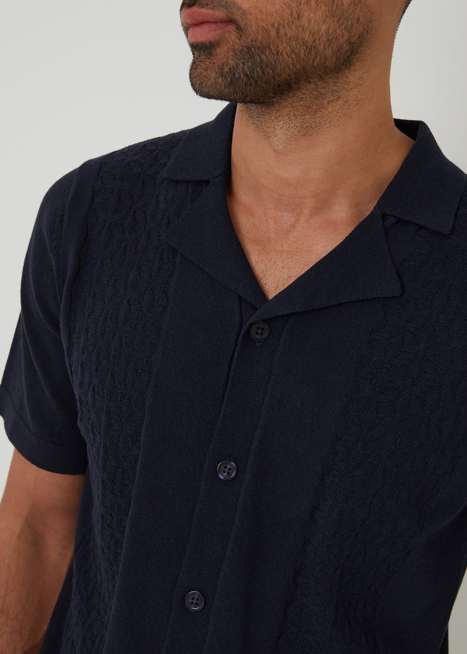 Threadbare Navy Textured Panel Revere Collar Knitted Shirt
