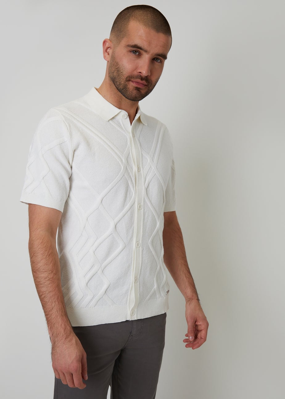 Threadbare Natural Textured Button Through Knitted Polo Shirt
