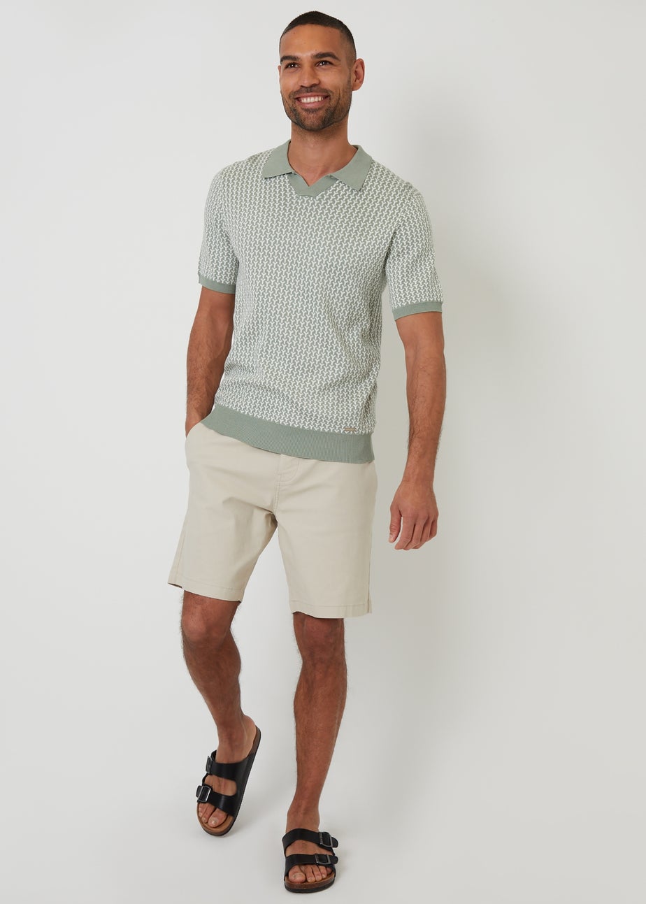 Threadbare Soft Green Jacquard Geo Trophy Neck Knitted Polo